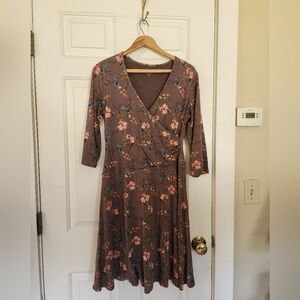 Garnet Hill Brianna Faux Floral Wrap Dress Taupe with Pink Blue Size Large